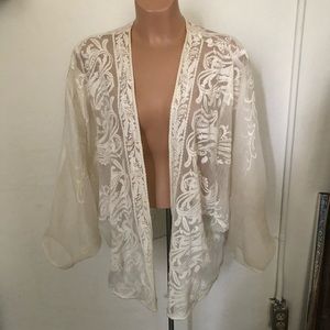 anthropologie white silk sheer floral cape size L